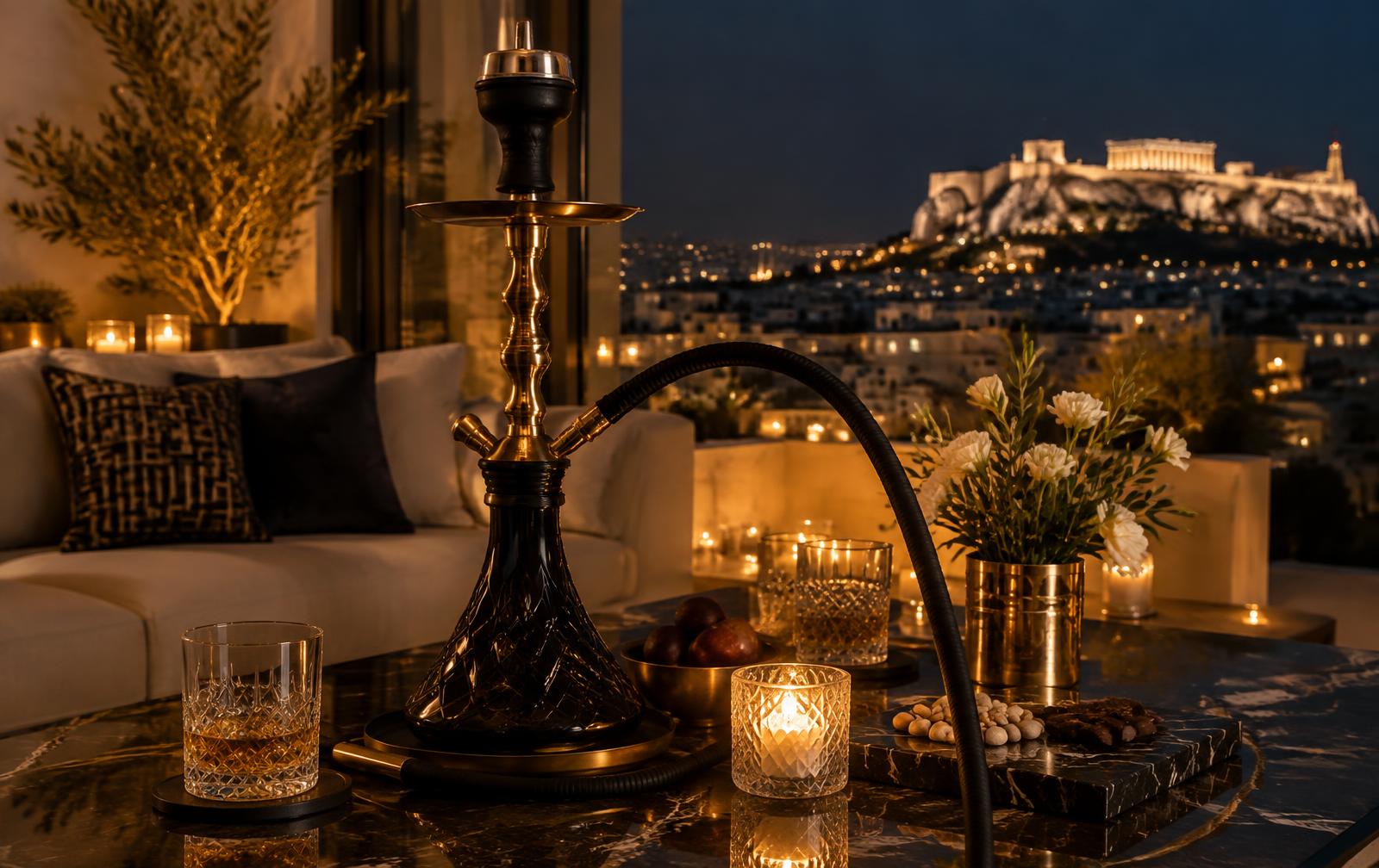 Premium hookah on a marble table in an Athens apartment with friends relaxing